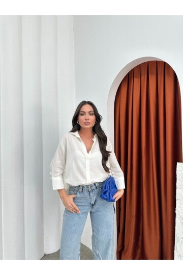 Yıkamalı Pamuk Keten Gömlek Beyaz