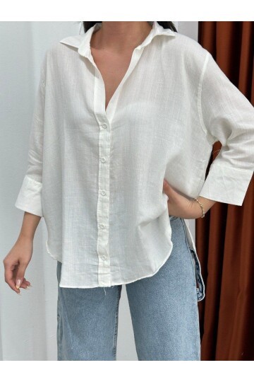 Yıkamalı Pamuk Keten Gömlek Beyaz