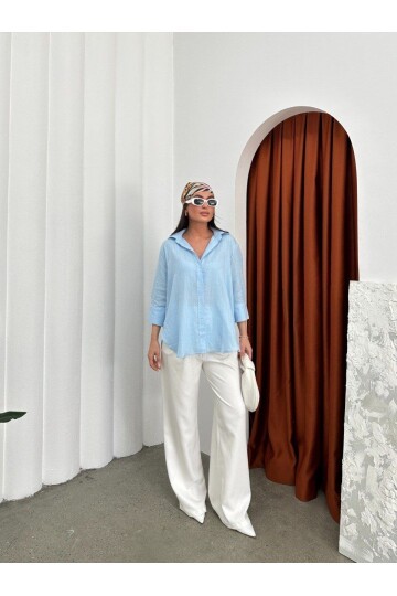 Yıkamalı Pamuk Keten Gömlek Mavi