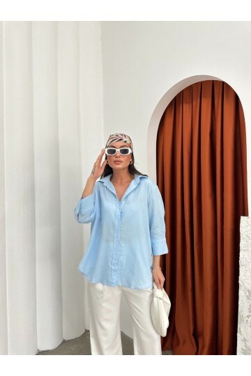 Yıkamalı Pamuk Keten Gömlek Mavi