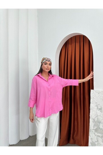 Yıkamalı Pamuk Keten Gömlek Pembe
