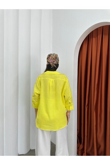 Yıkamalı Pamuk Keten Gömlek Sarı