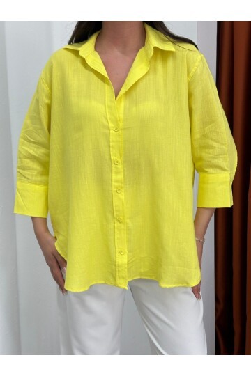 Yıkamalı Pamuk Keten Gömlek Sarı