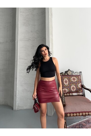Yırtmaçlı Bordo Mini Deri Etek
