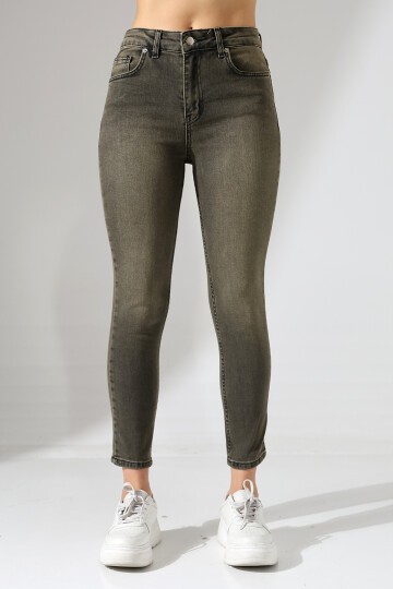Yüksek Bel Dar Paça Yıkamalı Kadın Jean Haki Gri