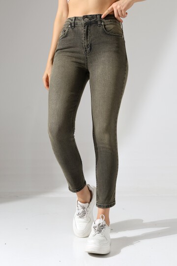 Yüksek Bel Dar Paça Yıkamalı Kadın Jean Haki Gri