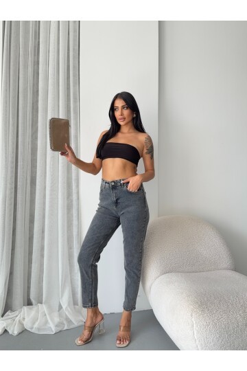 Yüksek Bel Yıkamalı Antrasit Mom Jean
