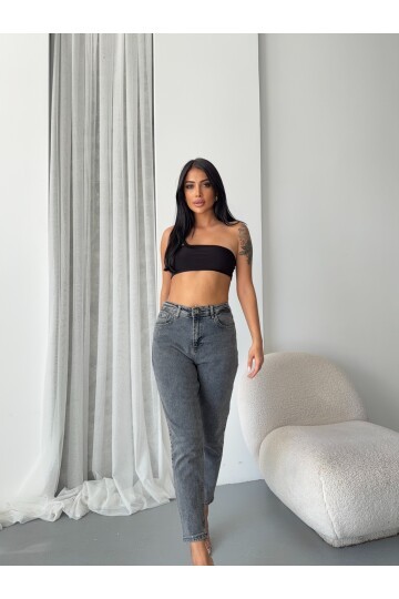 Yüksek Bel Yıkamalı Antrasit Mom Jean