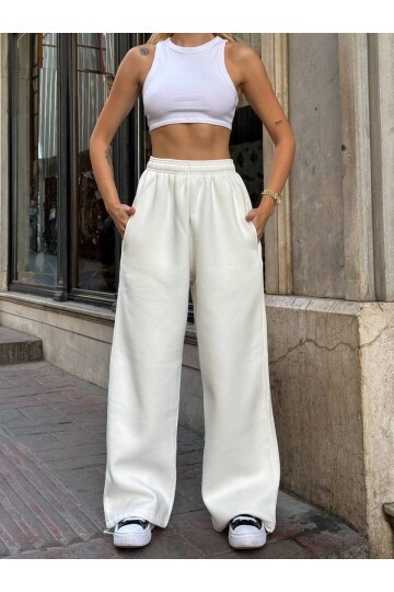 Yüksek Bel Cepli Paça Detay Beyaz Eşofman Altı
