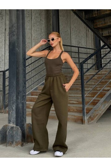 Yüsek Bel Cepli Paça Detay Haki Eşofman Altı