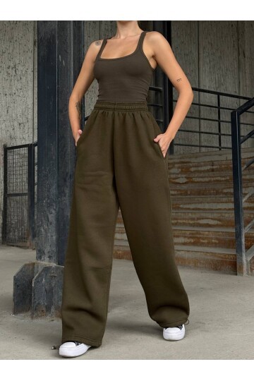 Yüsek Bel Cepli Paça Detay Haki Eşofman Altı