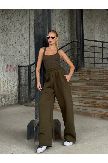 Yüsek Bel Cepli Paça Detay Haki Eşofman Altı