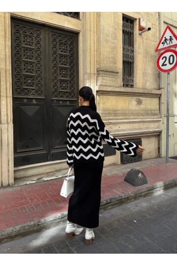 Zigzak Desenli Kazak Ve Elbise Triko Takım Siyah