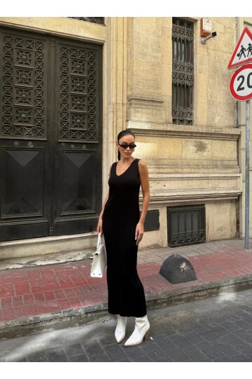 Zigzak Desenli Kazak Ve Elbise Triko Takım Siyah