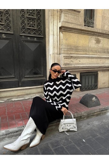 Zigzak Desenli Kazak Ve Elbise Triko Takım Siyah