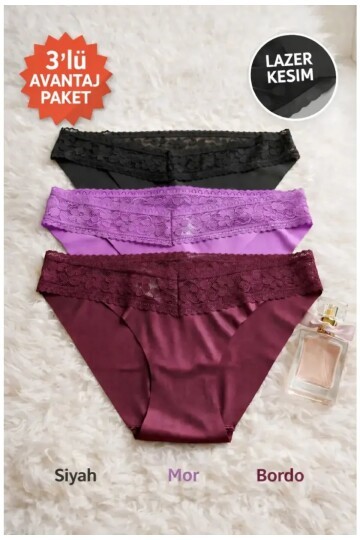 3lü Pamuklu Dantelli Dikişsiz Külot Siyah Bordo