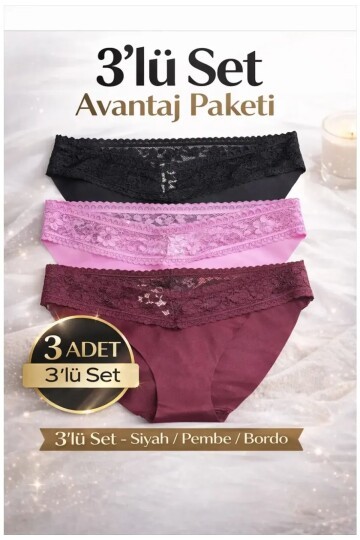 3lü Pamuklu Dantelli Dikişsiz Külot Siyah Bordo