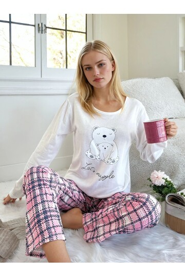 Ayıcık Baskılı Süprem Kumaş Kadın Pijama Takımı