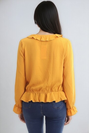 Ayrobin Kruvaze Fırfırlı Uzun Kol Bluz Hardal
