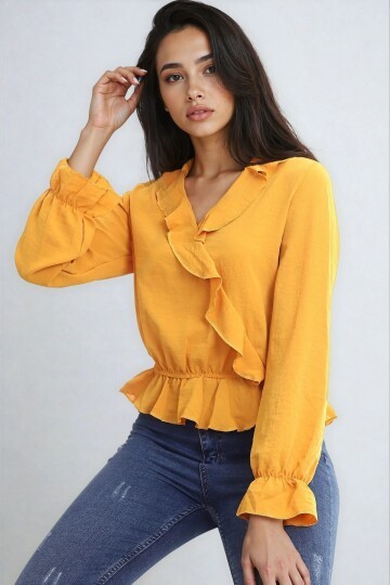 Ayrobin Kruvaze Fırfırlı Uzun Kol Bluz Hardal