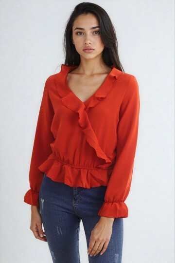 Ayrobin Kruvaze Fırfırlı Uzun Kol Bluz Kiremit