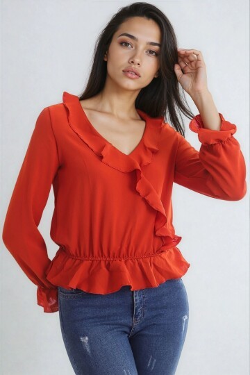 Ayrobin Kruvaze Fırfırlı Uzun Kol Bluz Kiremit