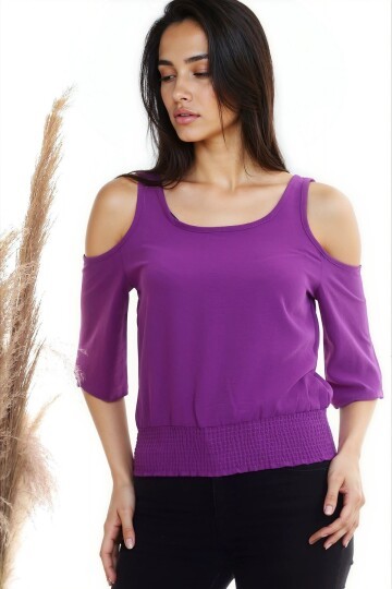 Ayrobin Omuzu Açık Beli Lastikli Kısa Kol Bluz MOR