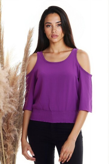 Ayrobin Omuzu Açık Beli Lastikli Kısa Kol Bluz MOR