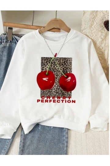 Beyaz Kiraz Baskılı Oversize 3 İplik Sweat