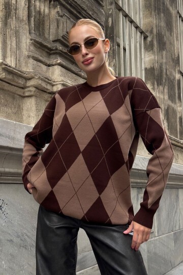 Bisiklet Yaka Baklava Desenli Triko Kazak