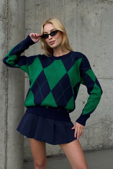 Bisiklet Yaka Baklava Desenli Triko Kazak