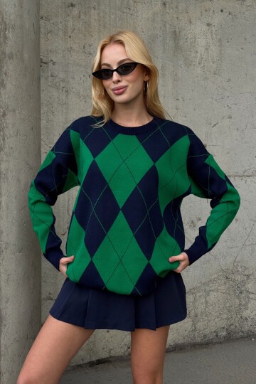 Bisiklet Yaka Baklava Desenli Triko Kazak