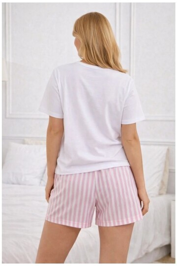 Cherry Baskılı Çizgili Şortlu Kadın Pijama Takımı – Beyaz/Pembe