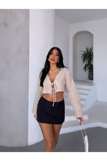 Çift Bağlama Detay Müslin Bluz Bej
