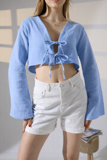 Çift Bağlama Detay Müslin Bluz Mavi