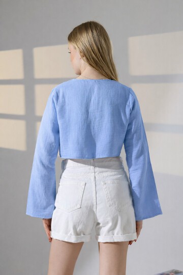 Çift Bağlama Detay Müslin Bluz Mavi