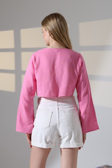 Çift Bağlama Detay Müslin Bluz Pembe
