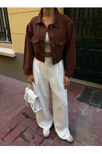 Çift Cep Denim Crop Ceket