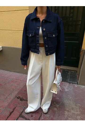 Çift Cep Denim Crop Ceket