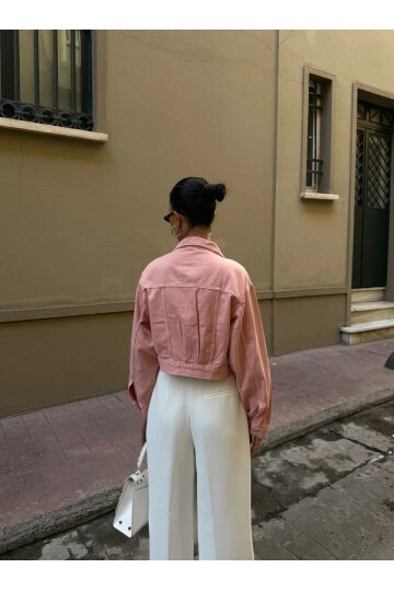 Çift Cep Denim Crop Ceket