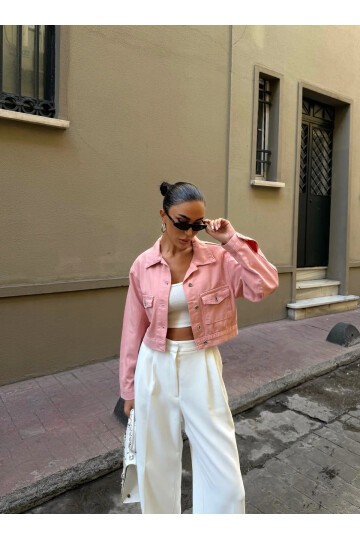 Çift Cep Denim Crop Ceket