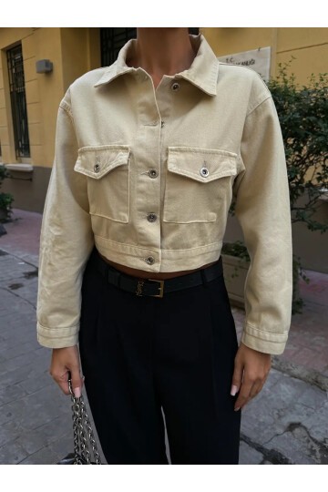 Çift Cep Denim Crop Ceket