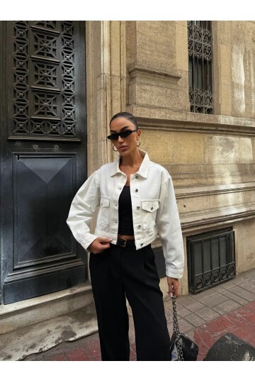 Çift Cep Denim Crop Ceket