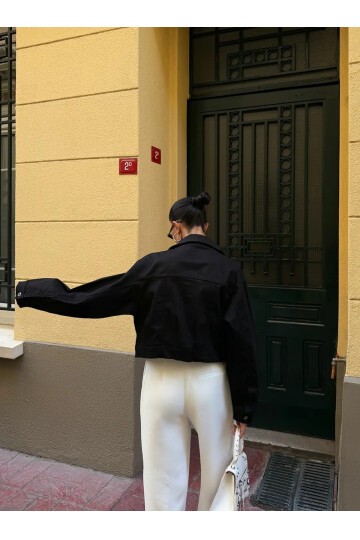 Çift Cep Denim Crop Ceket