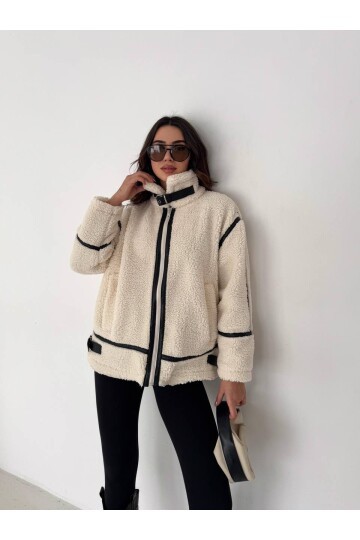 Deri Biyeli Fermuarlı Peluş Mont