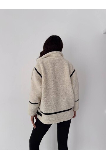 Deri Biyeli Fermuarlı Peluş Mont