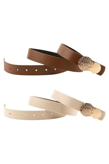 Desenli Yuvarlak Tokalı İkili Set Taba_Bej Kadın Kemeri