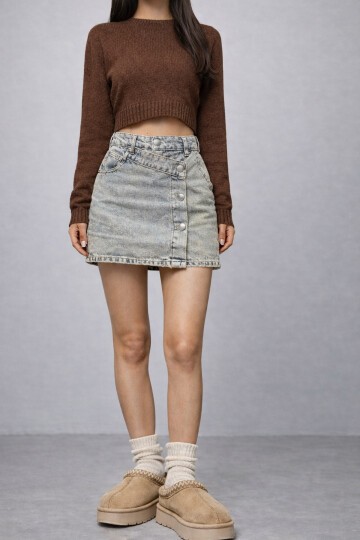 Düğme Detaylı Jean Mini Etek