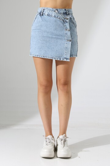 Düğme Detaylı Jean Mini Etek – Mavi