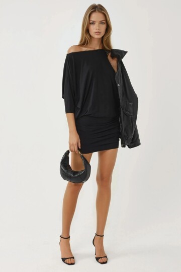 Düşük Omuz Esnek Elbise Siyah